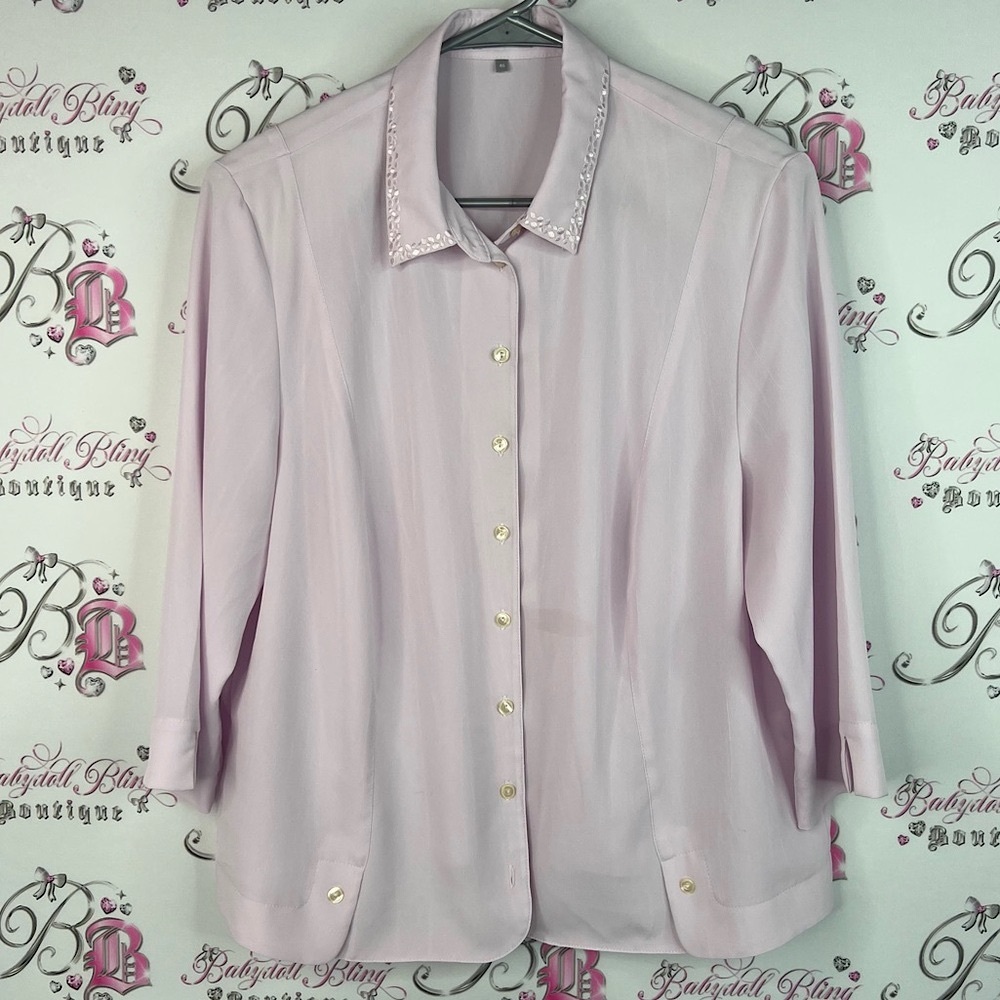 Erfo button down sequins pink light purple shiny Elegant Women's Pink Blouse